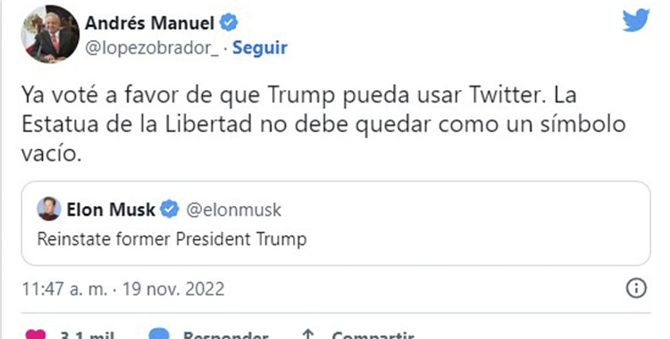 AMLO A FAVOR DE QUE TRUMP RECUPERE SU CUENTA DE TWITTER