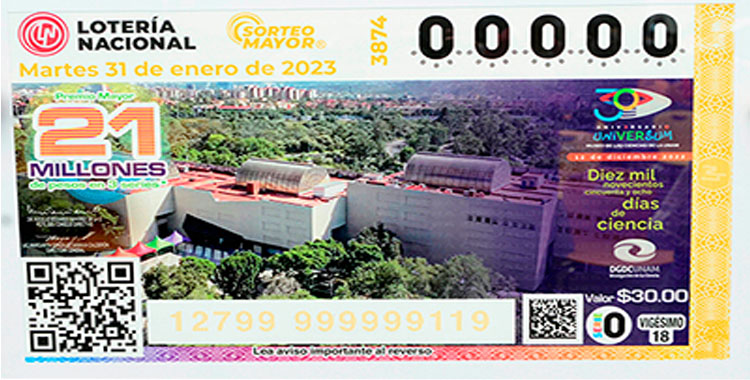 BILLETE DE LA LOTERÍA NACIONAL POR 30 AÑOS DE UNIVERSUM, MUSEO DE LAS CIENCIAS